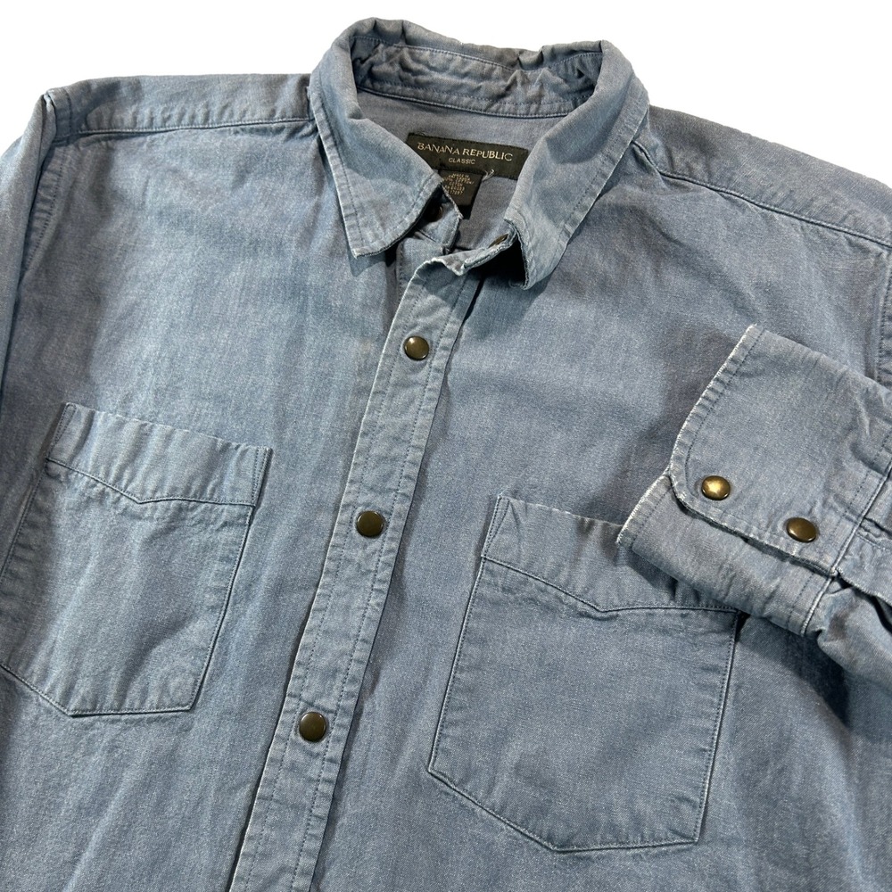 Banana Republic Pearl Snap Western Chambray Denim Shirt Men Large Blue Western